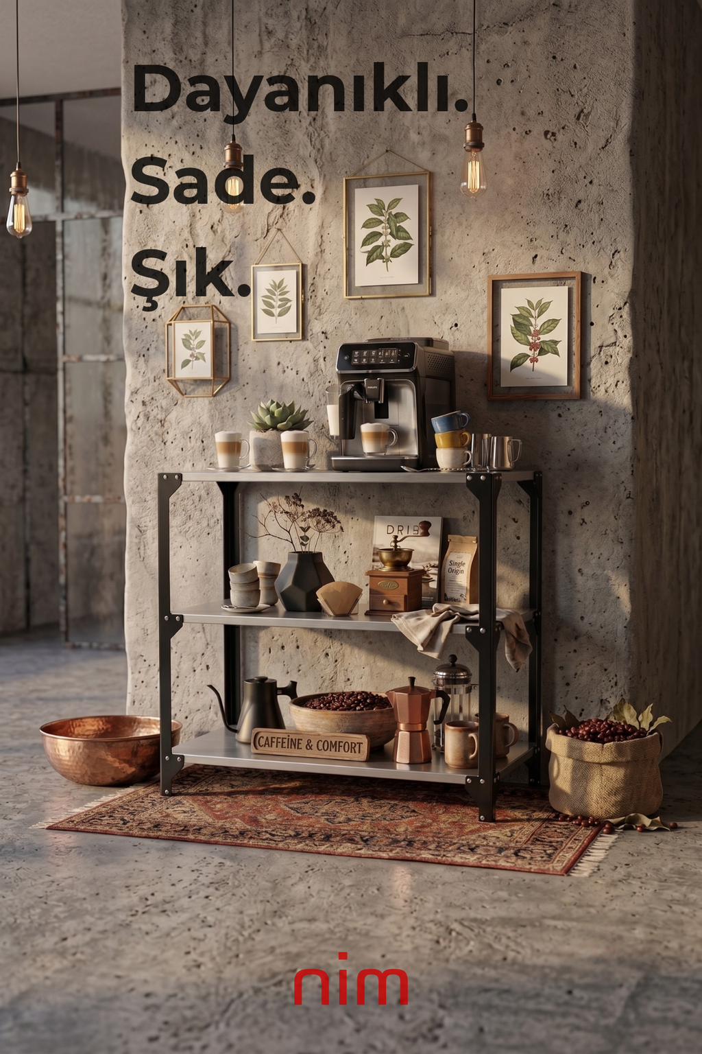 Nim Metal Mono Base Large Paslanmaz Çelik Kahve İstasyonu ve Çok Amaçlı Raf (80x80x40 cm)