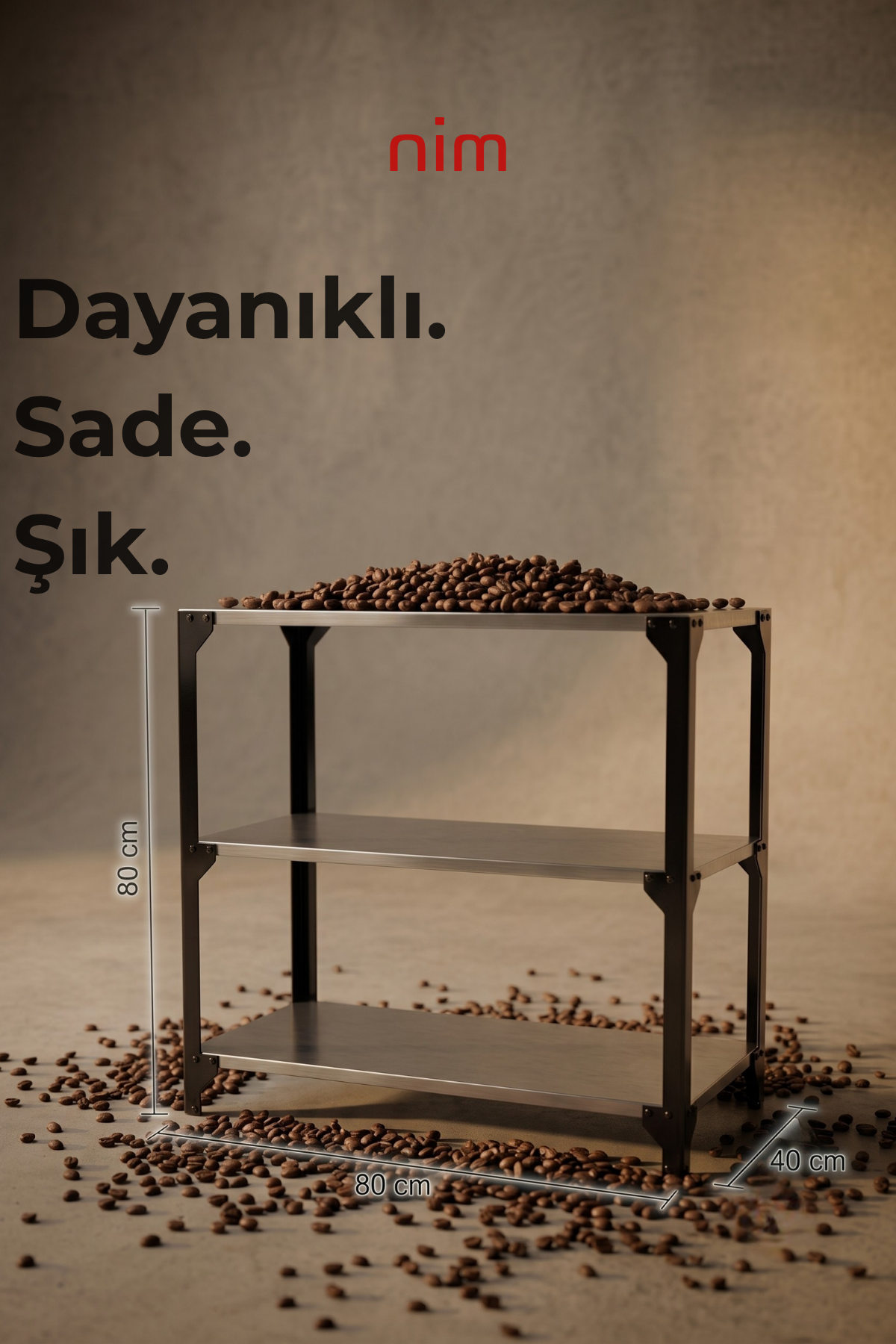 Nim Metal Mono Base Large Paslanmaz Çelik Kahve İstasyonu ve Çok Amaçlı Raf (80x80x40 cm)